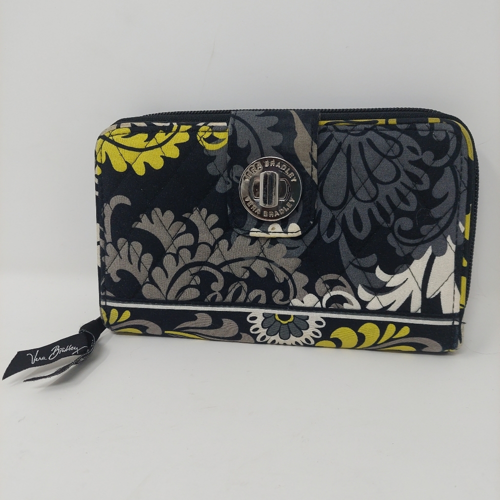 Vera Bradley Black Baroque Turnlock Wallet Black Pink Blue Quilted Hippie Boho